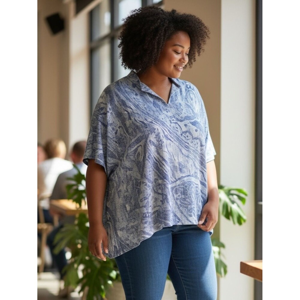 Chico’s Light Blue Loose Fitting Abstract V-neck Blouse Tunic Top 2 12 L
